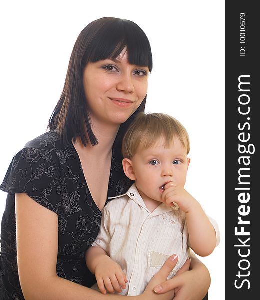 The little boy with mum on the white background. The little boy with mum on the white background