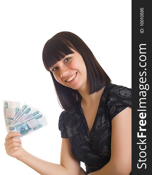 The young girl holds in hands Russian money for a white background. The young girl holds in hands Russian money for a white background