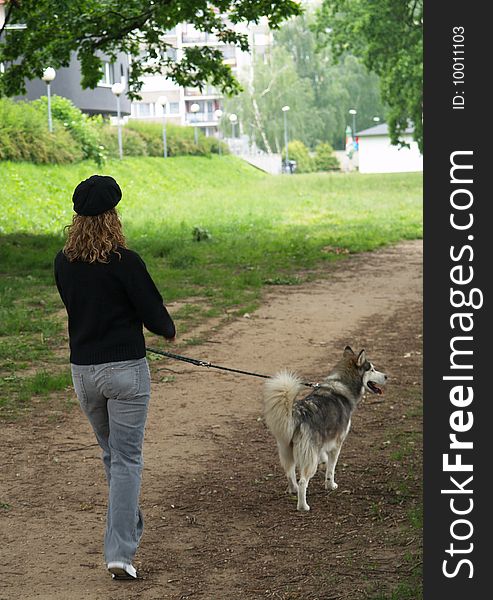 Girl with husky dog on dog-lead. Girl with husky dog on dog-lead