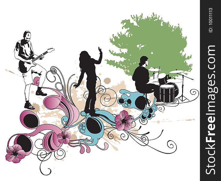 Illustration of a drummer and a guitarist. Illustration of a drummer and a guitarist