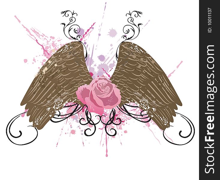 Illustration of wings and a rose. Illustration of wings and a rose