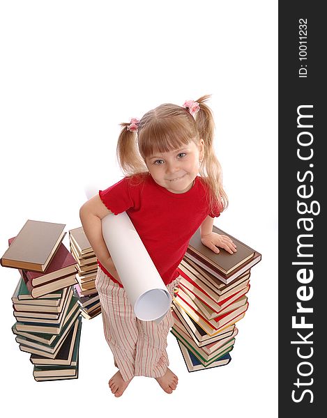 The girl with a Whatman paper smiles on a white background