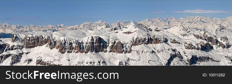 A panorama over the mountain Sella in the dolomites, Italy.