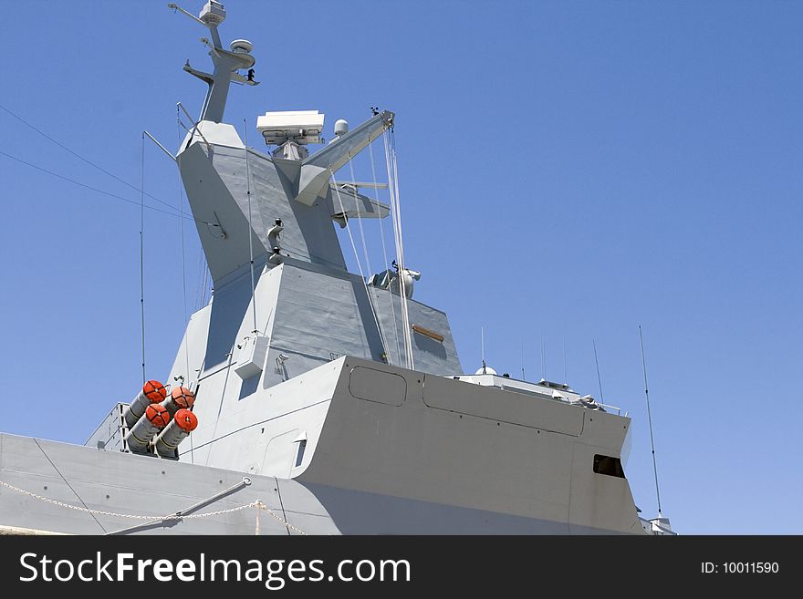 Superstructure and bridge of a navy warship, a frigate. Superstructure and bridge of a navy warship, a frigate