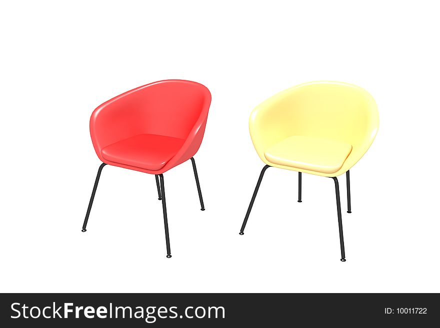 Two chairs on a white background - yellow and red