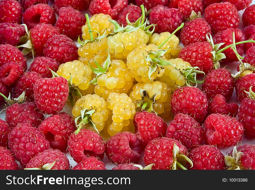 Yellow raspberry among a red raspberry. Yellow raspberry among a red raspberry