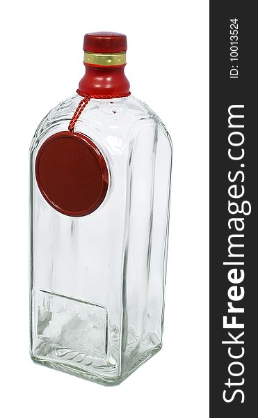 Transparent glass bottle of the square form with original label