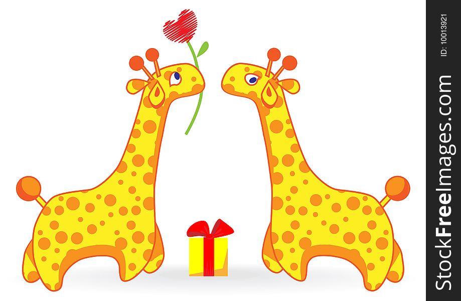 Two cartoon giraffe. One gives the other the heart of a flower and gift.