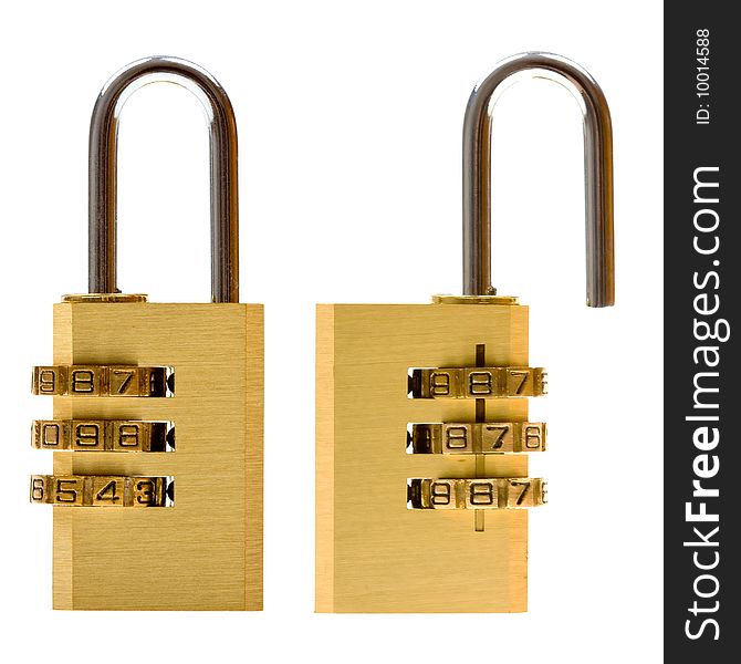 Close-up combination padlock (closed & open) isolated on white background