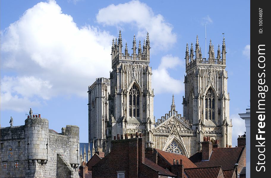 View of York Minster towering above rooftops. View of York Minster towering above rooftops