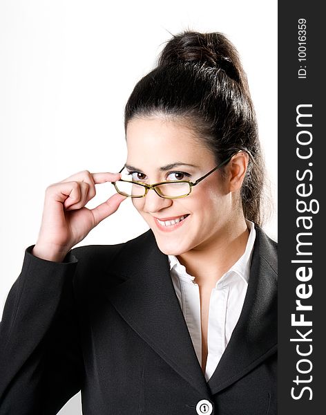 Young businesswoman with glasses smiling on white background. Young businesswoman with glasses smiling on white background