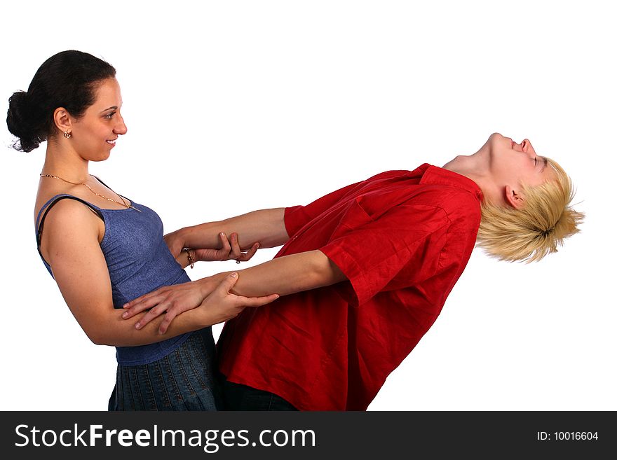 Young couple hold hands and bend behind. Isolated.