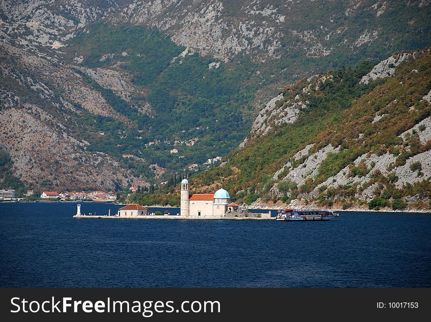 View at island church in Boka Kotorska bay. View at island church in Boka Kotorska bay