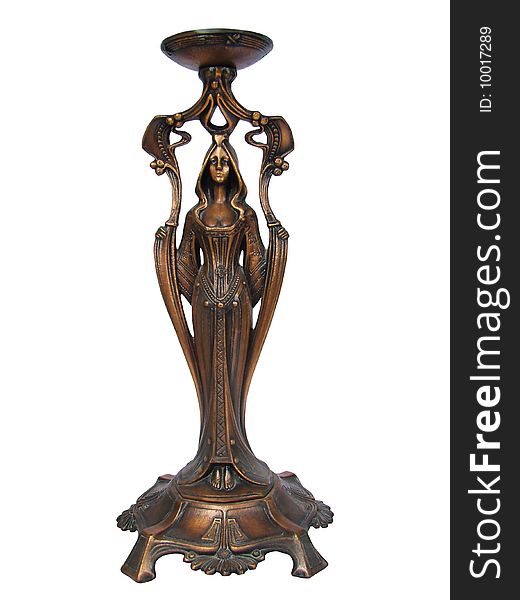 Ancient candlestick in the form of the girl on a white background