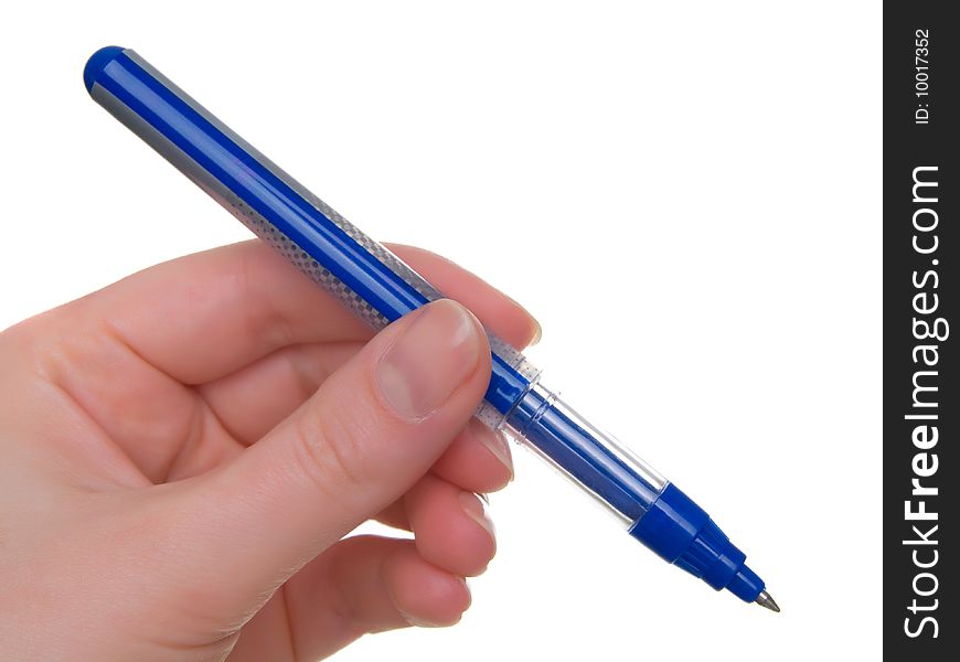 Pen with hand on white background.
