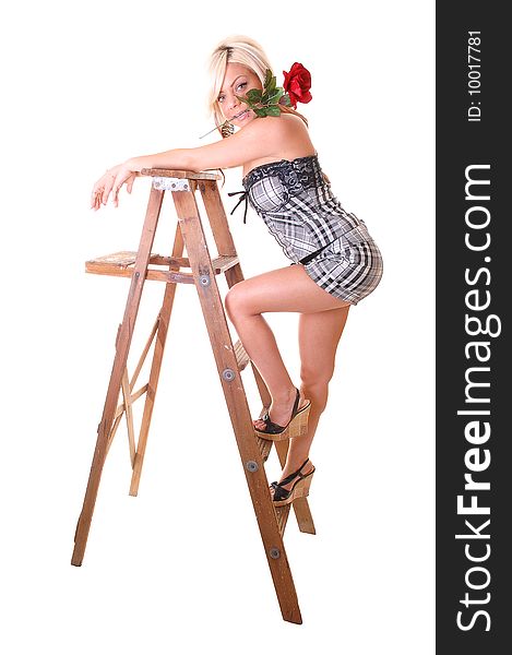 Pretty young girl in a black and white shorts and top with long blond hair 
standing on the wooden stepladder, holding an red rose in her mouth. Pretty young girl in a black and white shorts and top with long blond hair 
standing on the wooden stepladder, holding an red rose in her mouth.