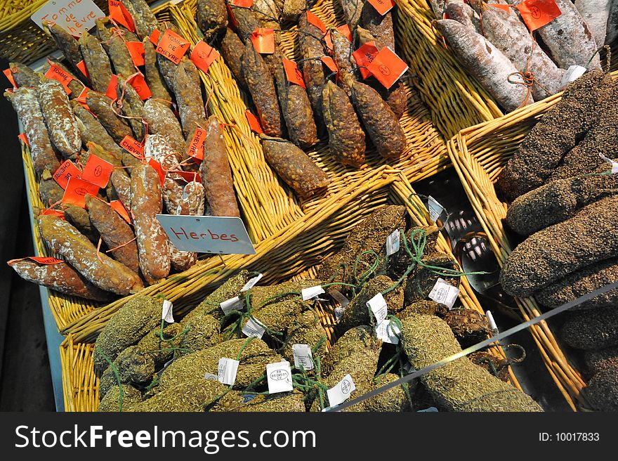 Salami on a french market stall