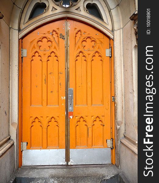 Some orange doors on Grace Church in manhattan