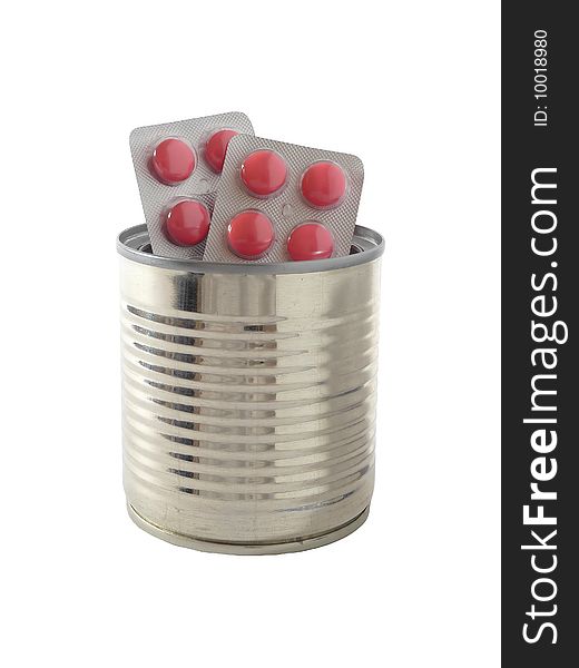 Red medicine in a can box isolated on a pure white background. Red medicine in a can box isolated on a pure white background