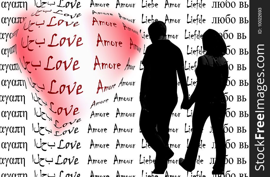 An illustration of a couple of lovers with romantic words. An illustration of a couple of lovers with romantic words