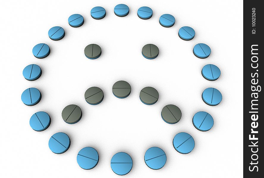 An image of a group of medicine tablets showing a sad face. An image of a group of medicine tablets showing a sad face