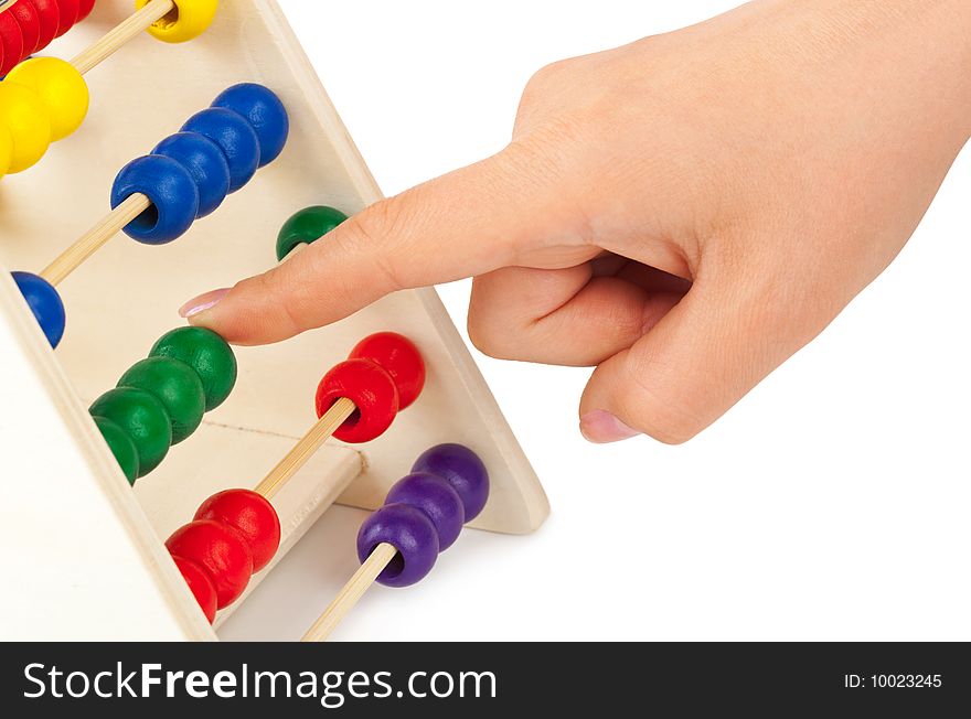 Hand and abacus isolated on white background