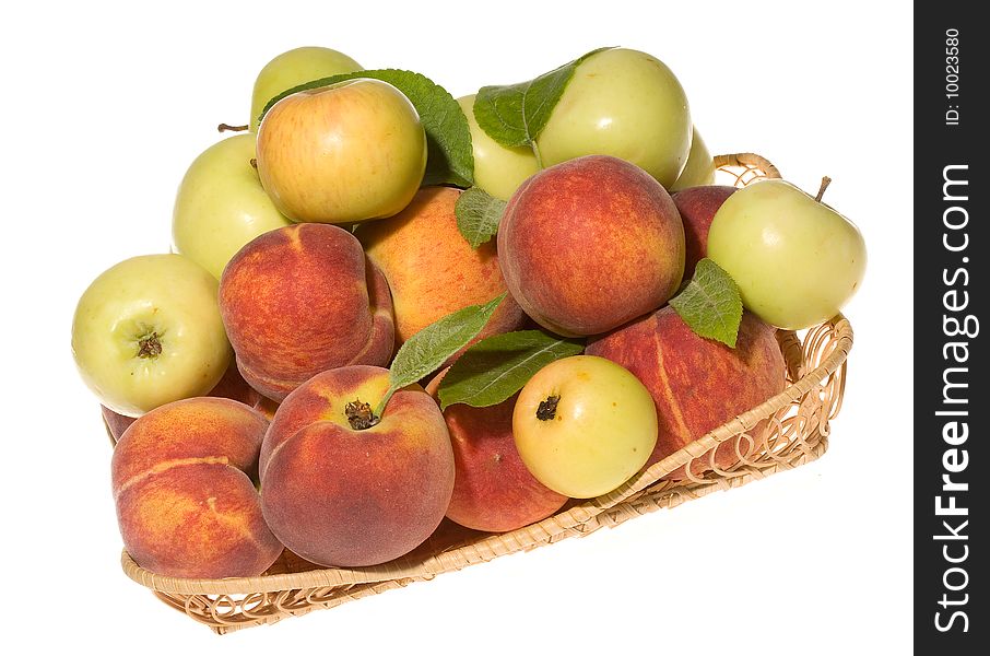 Fresh apples with peaches on white background