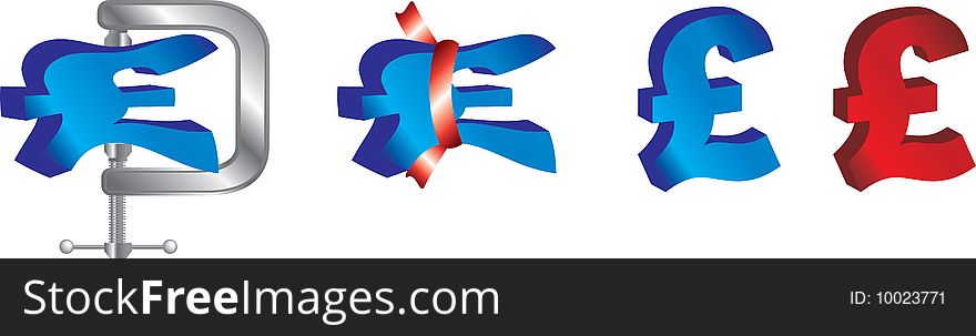 Illustrations of the british pound sterling and recession concepts. Illustrations of the british pound sterling and recession concepts