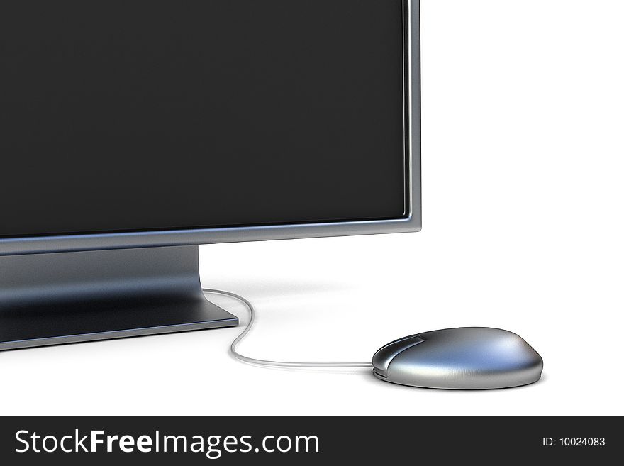 Closeup of modern desktop monitor and mouse