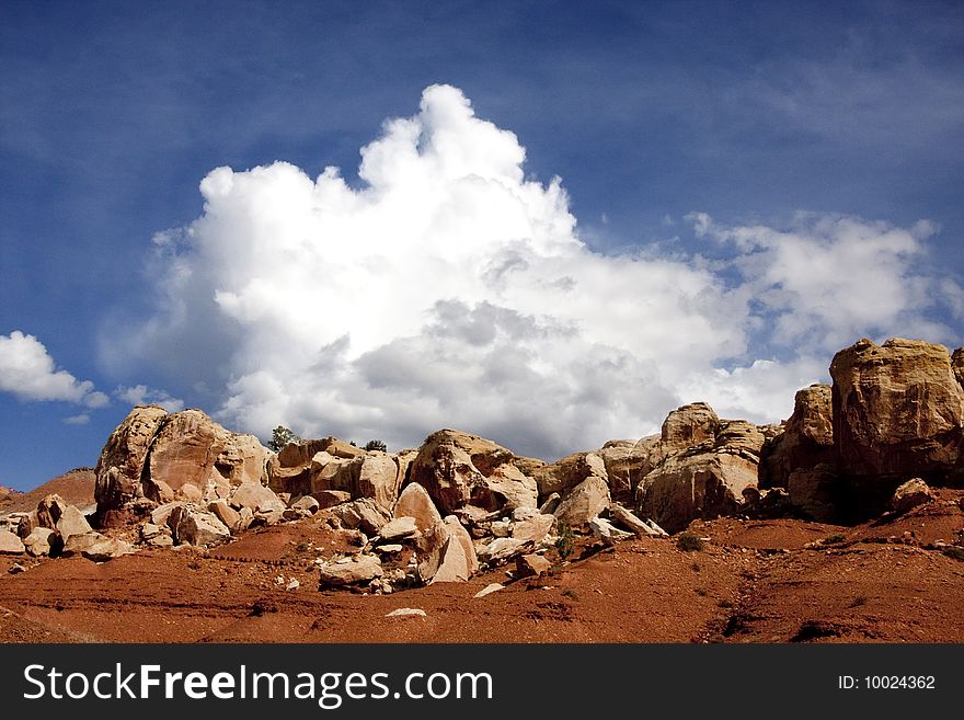 View of the red rock formations in Capitol Reef National Park with blue sky�s and clouds