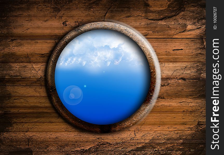Round window sky, old wooden texture. Illustration. Round window sky, old wooden texture. Illustration