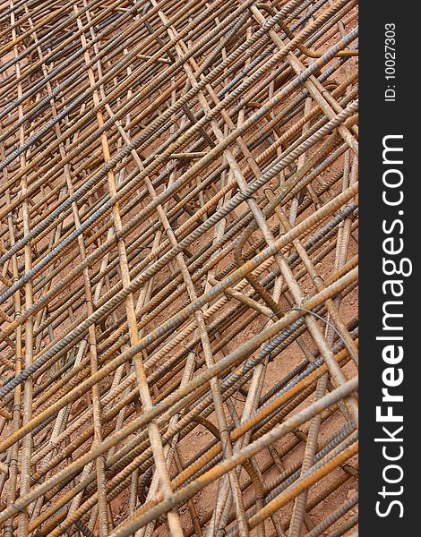 A steel reinforcing wire mesh on a construction site. A steel reinforcing wire mesh on a construction site