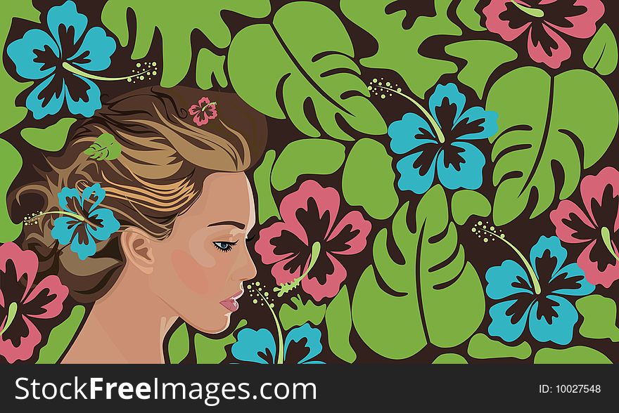 Art background with girl, hibiscus and palm leaves