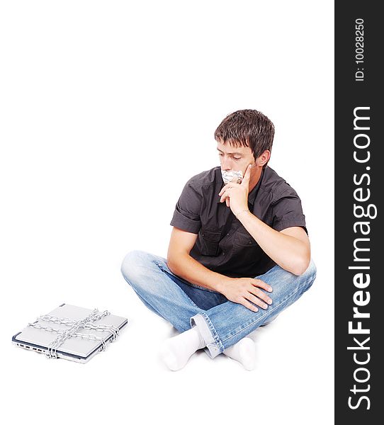 Man with isolated mouth and chained laptop isolated in white