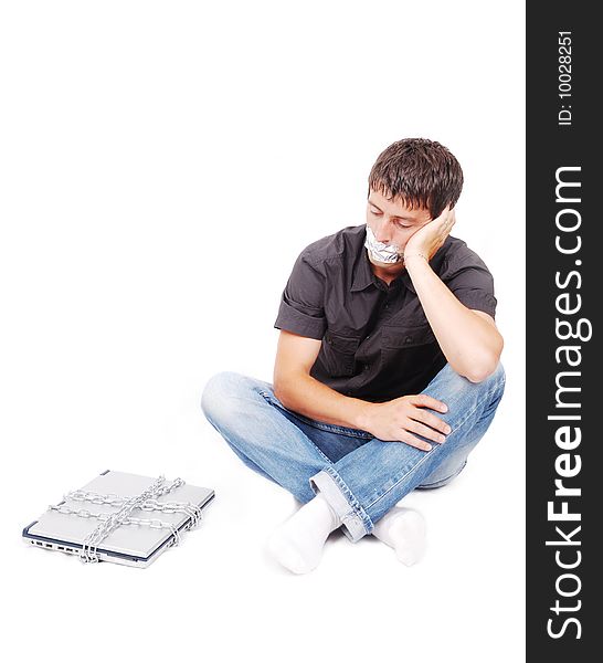 Man with isolated mouth and chained laptop