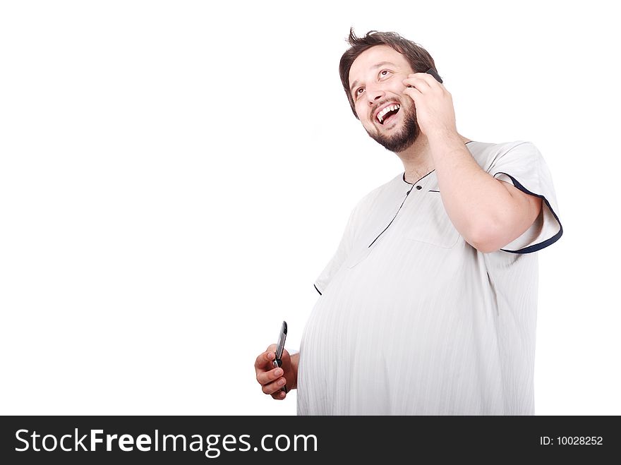 Young Man With Big Stomach Speaking On Phone