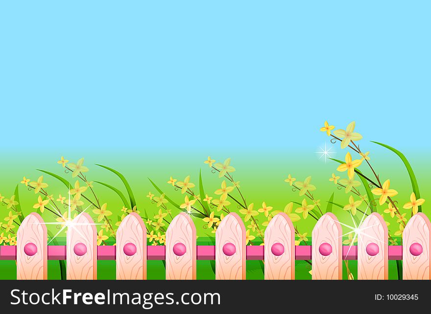 A wooden fence in front of green lawn with yellow flower. A wooden fence in front of green lawn with yellow flower