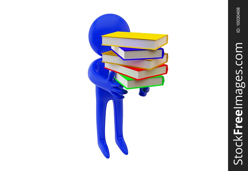 3d render of pile of books with person.