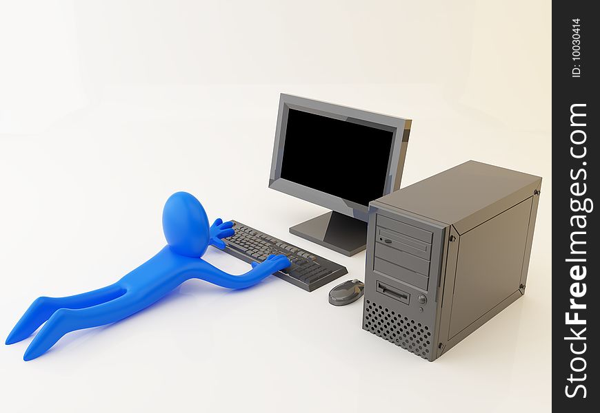 3d render of person near black computer. 3d render of person near black computer.