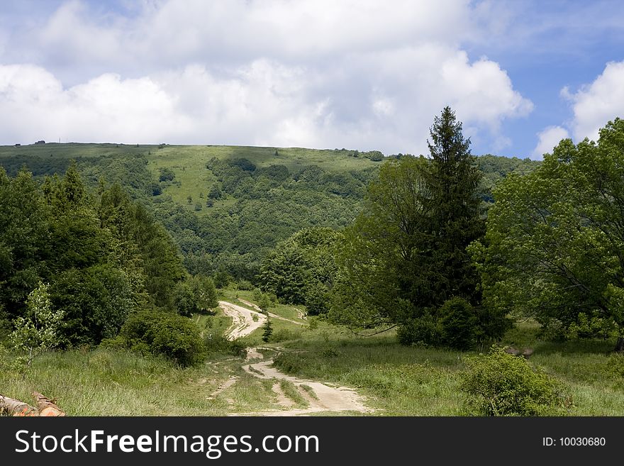 Hiking road to the top in National Park of Bieszczady Mountains in Poland
