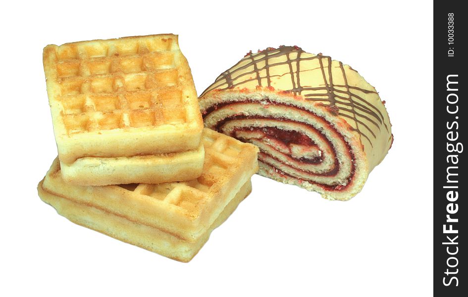 Waffles and roll on the white background