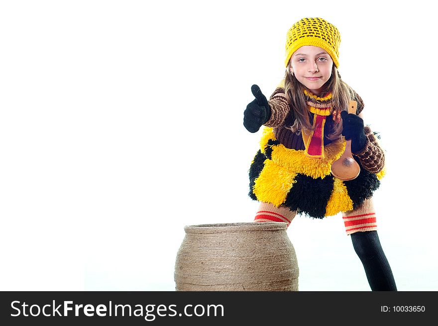 The little girl shows a finger upwards. The little girl shows a finger upwards