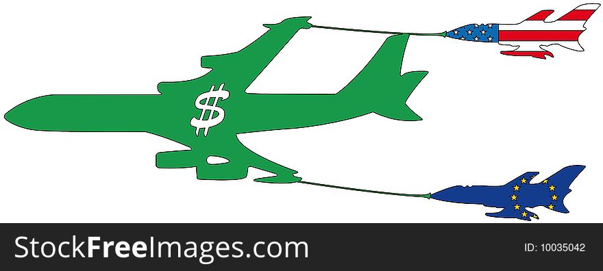 Illustration representing an operation of air refueling of an airplaing, with the flag of USA and Europe and the money symbol. It can metaphorically represent a collaboration between the american with the dollars and the european Euro. Illustration representing an operation of air refueling of an airplaing, with the flag of USA and Europe and the money symbol. It can metaphorically represent a collaboration between the american with the dollars and the european Euro.