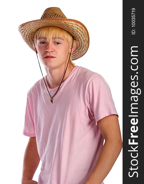 Young Man In Pink Shirt And Cowboy Hat