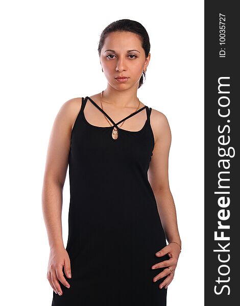 Girl in black dress posing isolated