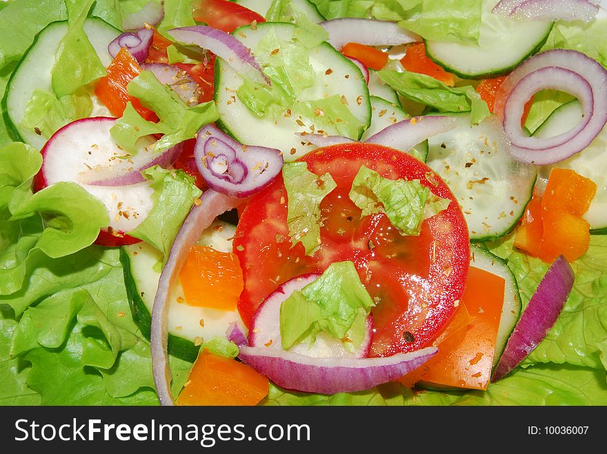 Tomato, cucumber, onion, leaf of lettuce and pepper. Tomato, cucumber, onion, leaf of lettuce and pepper