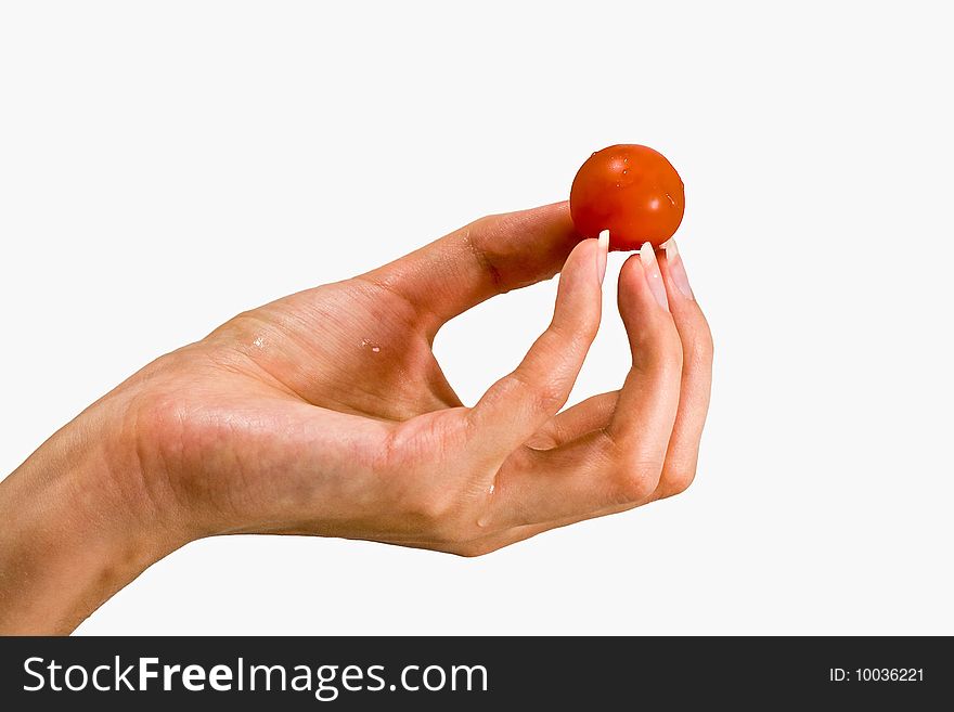 Small fresh cherry tomato on a female fingers. Small fresh cherry tomato on a female fingers