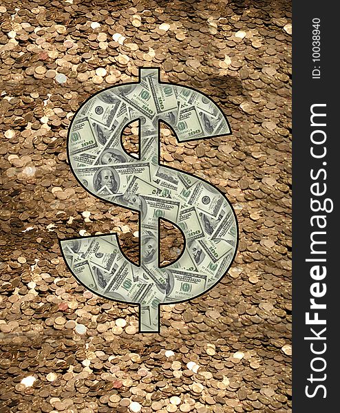Dollar sign made by 100 dollars with coins background. Dollar sign made by 100 dollars with coins background.