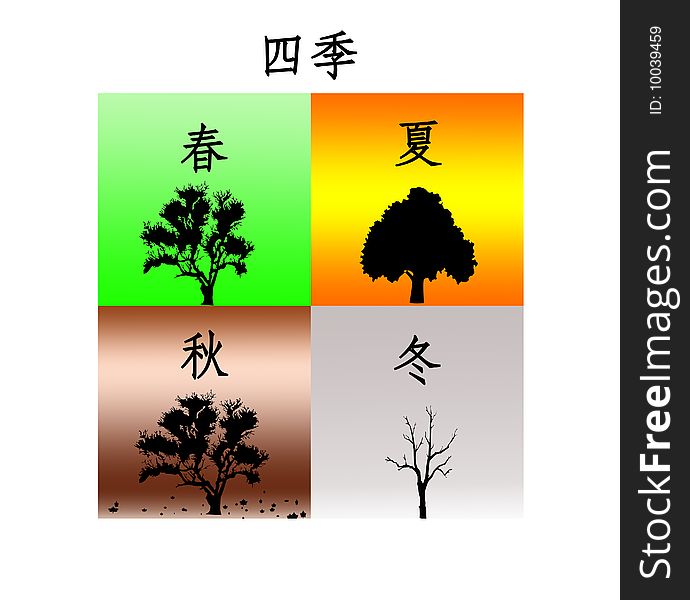 An illustration depicting the changes in four seasons: Spring, Summer, Fall, Winter along with Chinese characters for each of the seasons. Each season illustrated is 1250 x 1250 pixels. An illustration depicting the changes in four seasons: Spring, Summer, Fall, Winter along with Chinese characters for each of the seasons. Each season illustrated is 1250 x 1250 pixels.