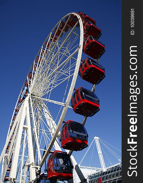 Red Ferris Wheel, Clear Blue Sky, Amusement Park